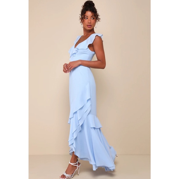 Lulus Charming Event Light Blue Asymmetrical Ruffled Chiffon Maxi Dress NWT XL - Picture 3 of 13